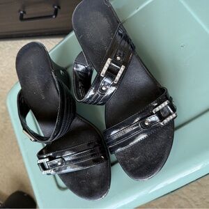 Black Patent Leather Slingback Heeled Sandals